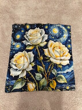 Van Gogh  Floral Starry Night Silk Scarf - Navy & Yellow Roses